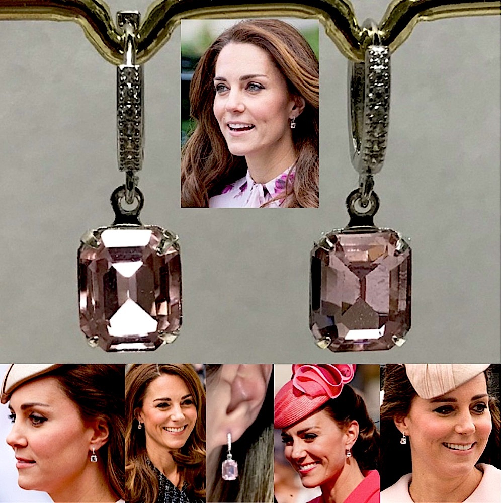 Kate Middleton Silver Rhinestone Hoops & Pink Stone Earrings, Handmade Replica